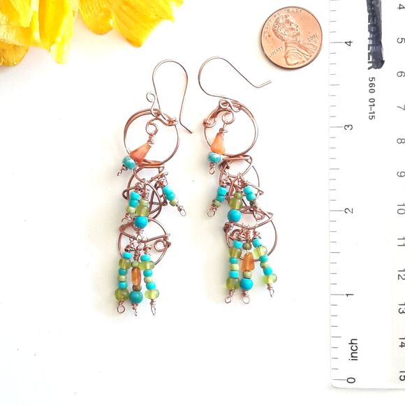 artisan earrings 624#mfs Tribal Fringe of tiny Carnelian triangles and blue gree - Picture 3 of 4